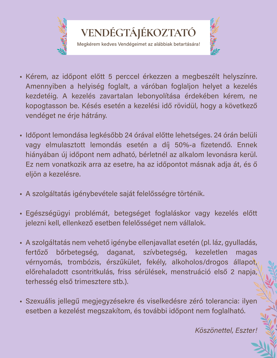 Csendidő Masszázs házirendje