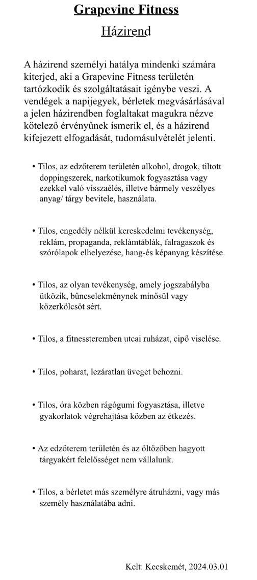 Gina Fitness házirendje