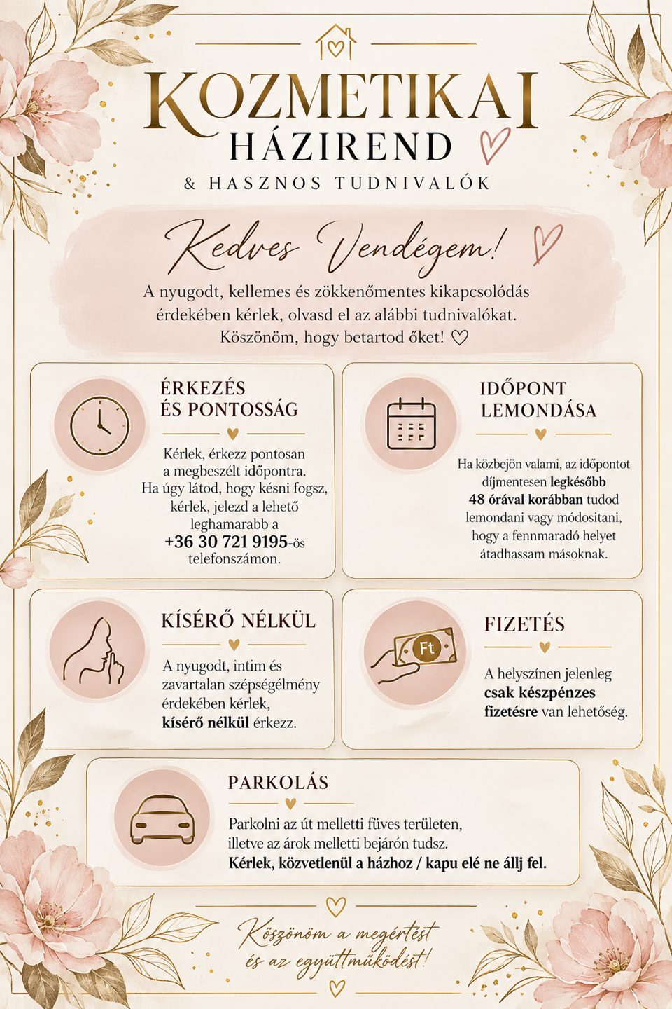 Miklós-Bacsi Barbara PMU & Beauty házirendje